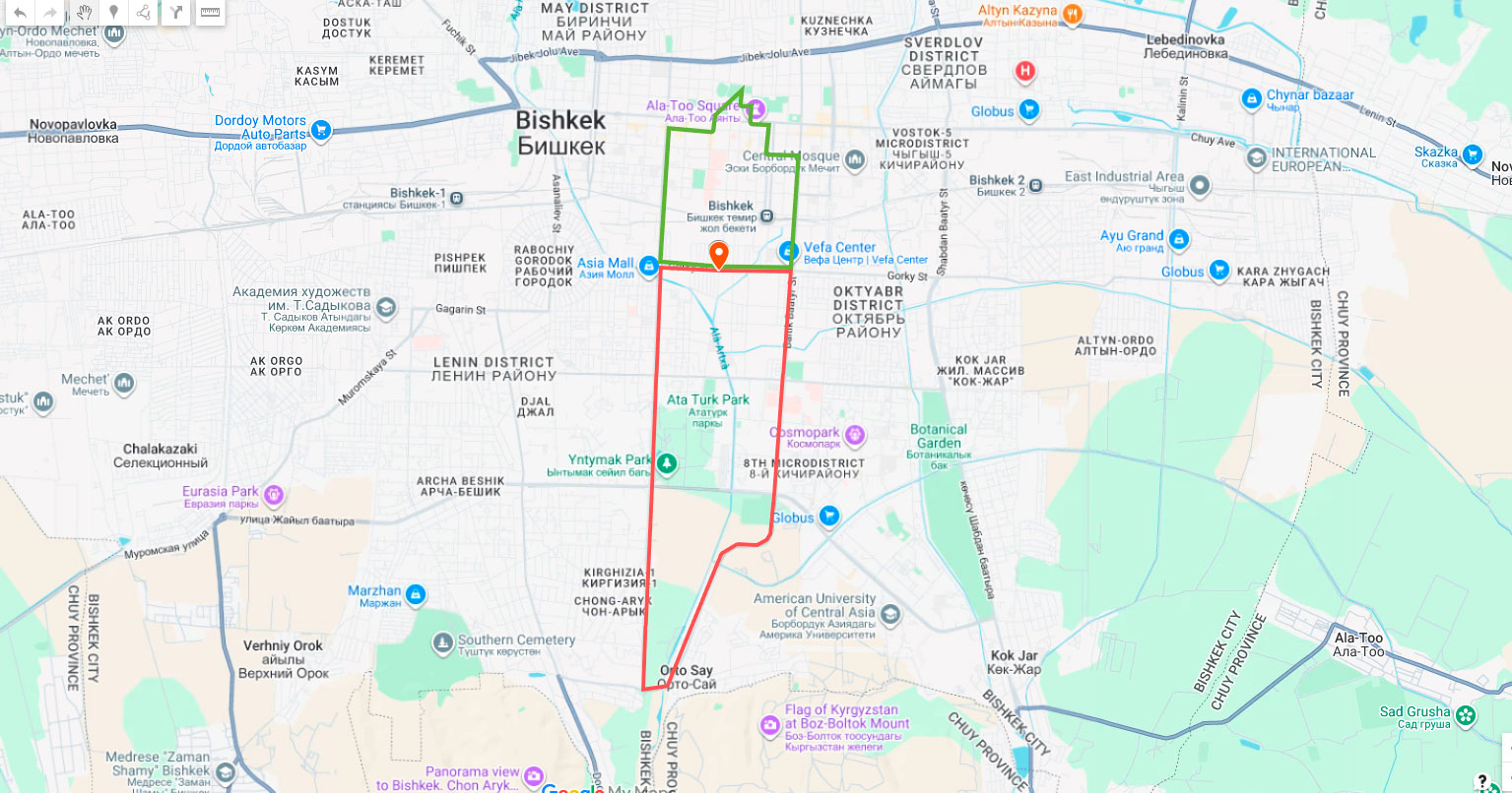 Map showing two cycling routes in Bishkek tested by the author