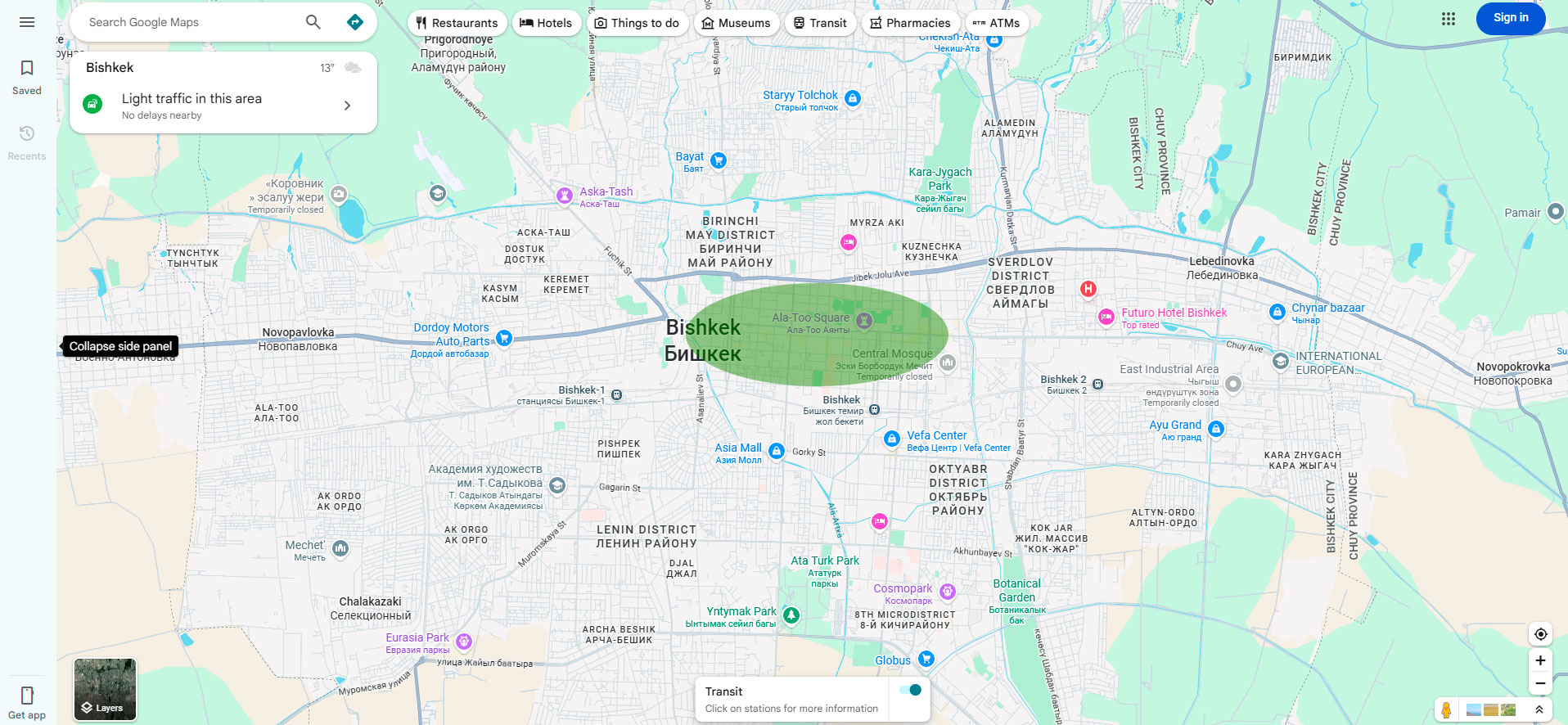 Map highlighting the central area of Bishkek for cycling